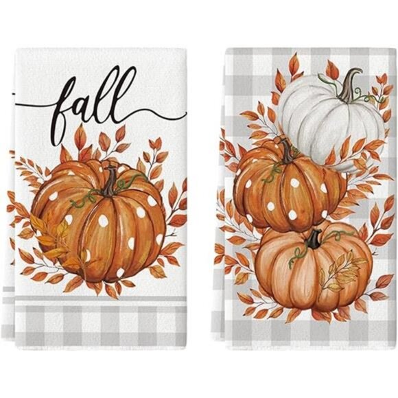 Orange Buffalo Plaid Leaves Pumpkin Fall Kitchen Towels Dish Towels 18x26 Inch - Picture 7 of 7